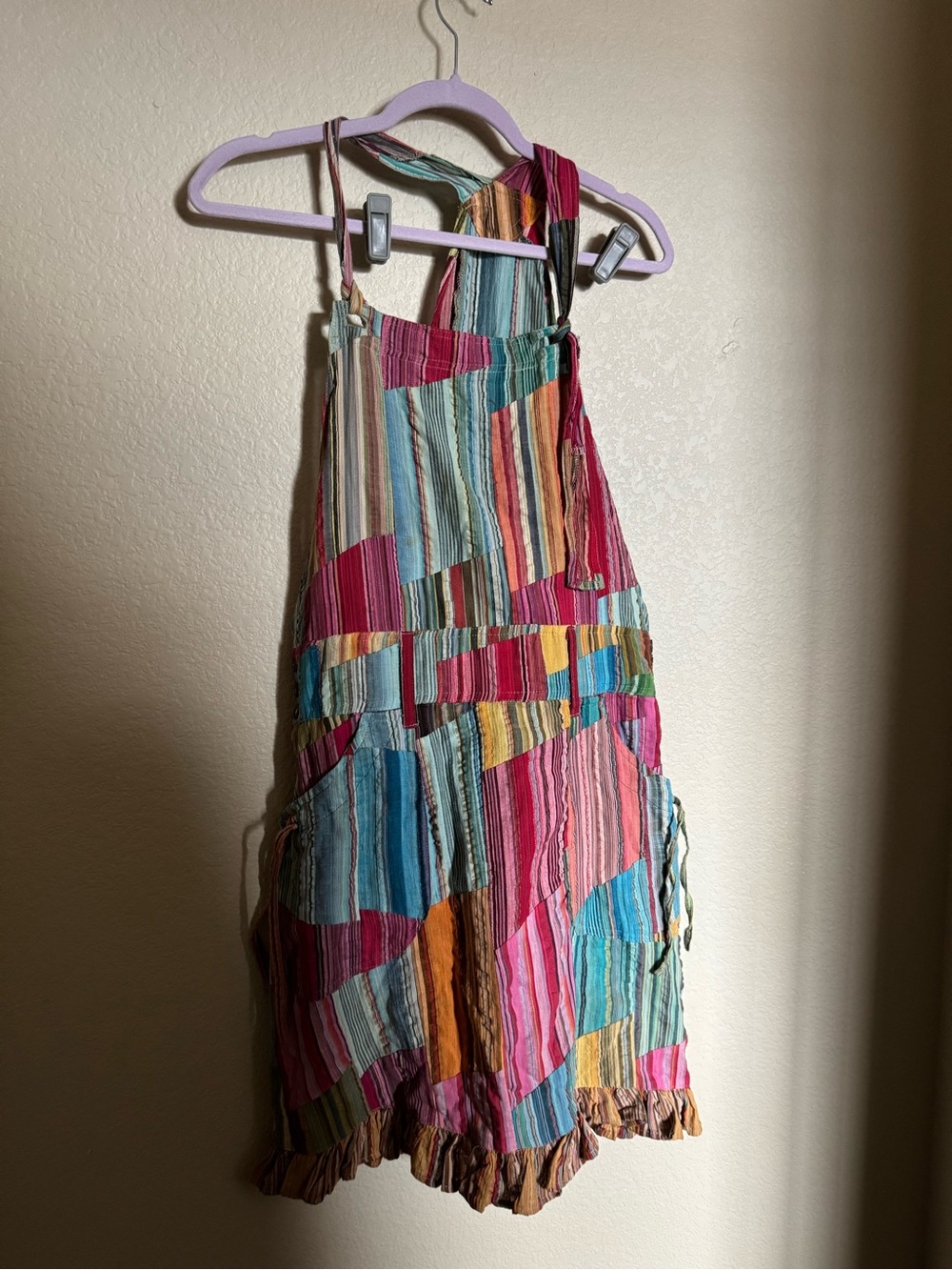 Vintage‎ y2k avatar Multicolor Striped Patchwork Mini Dress sz large boho bright